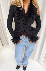 Violetta Black Fur Trim Knit Cardigan - PRE ORDER