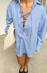 Jasper Blue Pinstripe Lace Up Shirt Dress